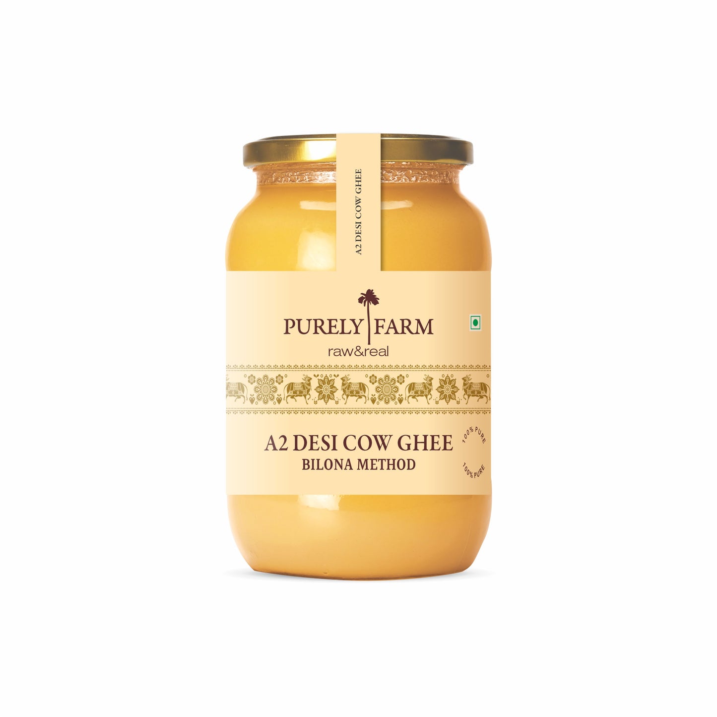 A2 cow ghee from My Store, 3L, made using bilona method and curd-churned, lab tested, in a clear jar with a golden color.