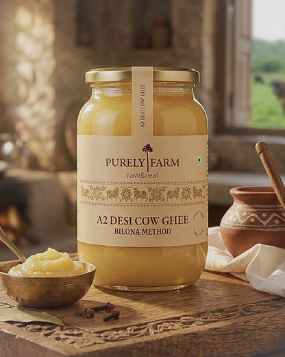 A2 Cow Ghee from My Store in a 500ml jar, made with Bilona method and curd-churned, lab tested for purity and quality.