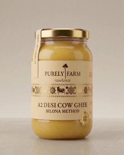 A2 Cow Ghee from My Store in a 500ml jar, made with Bilona method and curd-churned, lab tested for purity and quality.