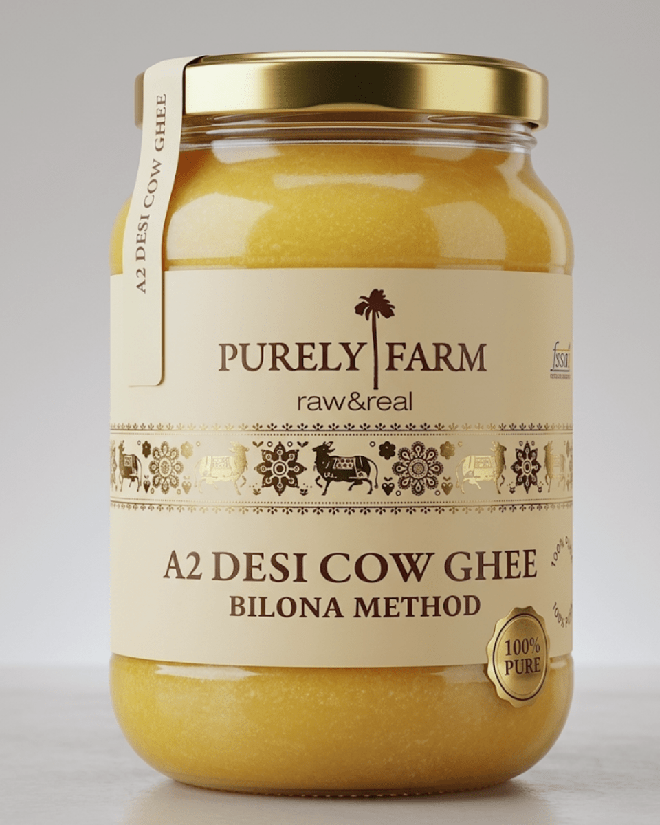 A2 Cow Ghee from My Store in a 500ml jar, made with Bilona method and curd-churned, lab tested for purity and quality.